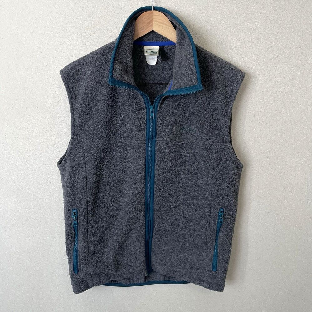 Vintage LL Bean Mens L Grey Teal Fleece Vest Jacket USA Made *See Measurements